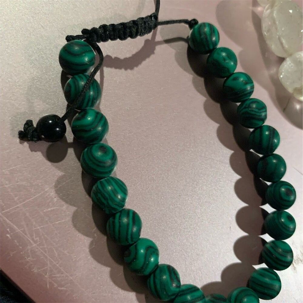 Malachite Style Beaded Macrame Bracelet Green Round Beads Adjustable